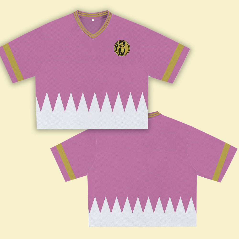 Pink Super Hero Jersey – Unique Streetwear Shirt with Bold Graphic, V-Neck Retro Athletic Design, Sports Style Outfits