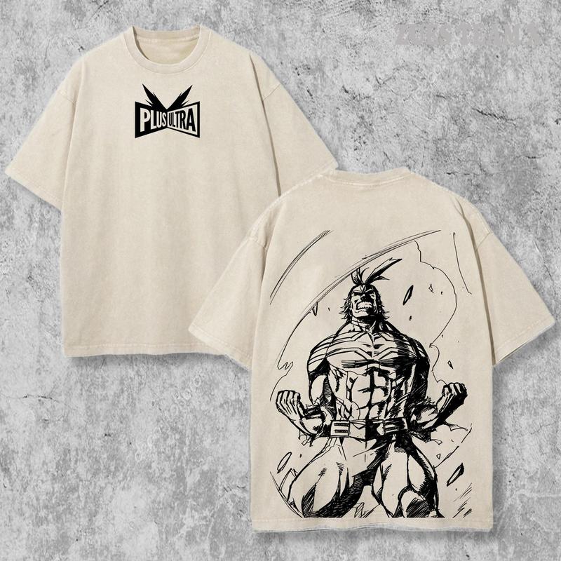 Retro Vintage Limited All might Plus Ultra - My Hero Academia Anime Double Printed Oversized Washed Tee Unisex Oversize Anime Manga Acid Washed Lightweight Cotton T-Shirt, Anime Lover