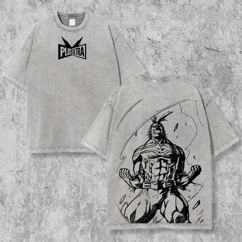 Retro Vintage Limited All might Plus Ultra - My Hero Academia Anime Double Printed Oversized Washed Tee Unisex Oversize Anime Manga Acid Washed Lightweight Cotton T-Shirt, Anime Lover