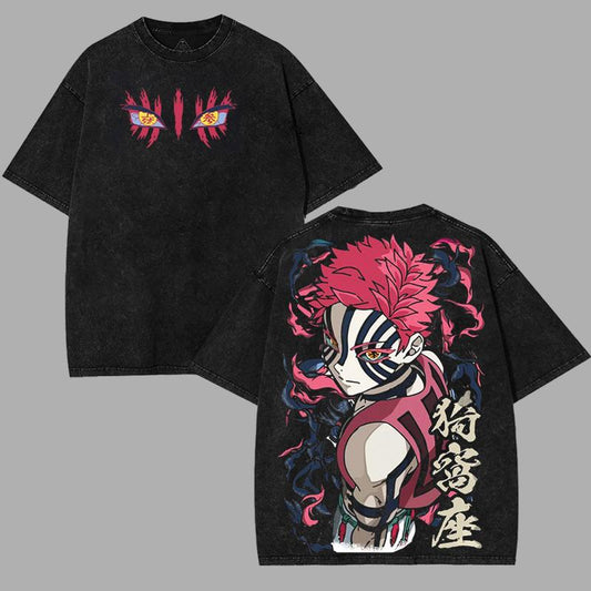 Akaza Upper moon rank 3 v5 Demon Slayer Kimetsu No Yaiba anime manga Washed t-shirt Menswear 2 sided graphic tee classic vintage