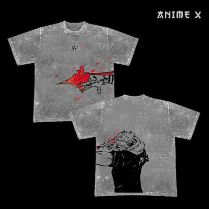 Retro Heavy Limited "Divine flame" Sukuna - Jujutsu Kaisen Anime Double Printed Vintage Oversized Washed Tee Unisex Oversize Anime Manga Washed Heavyweight Cotton T-shirt, Gift For Anime Fan, Anime Lover