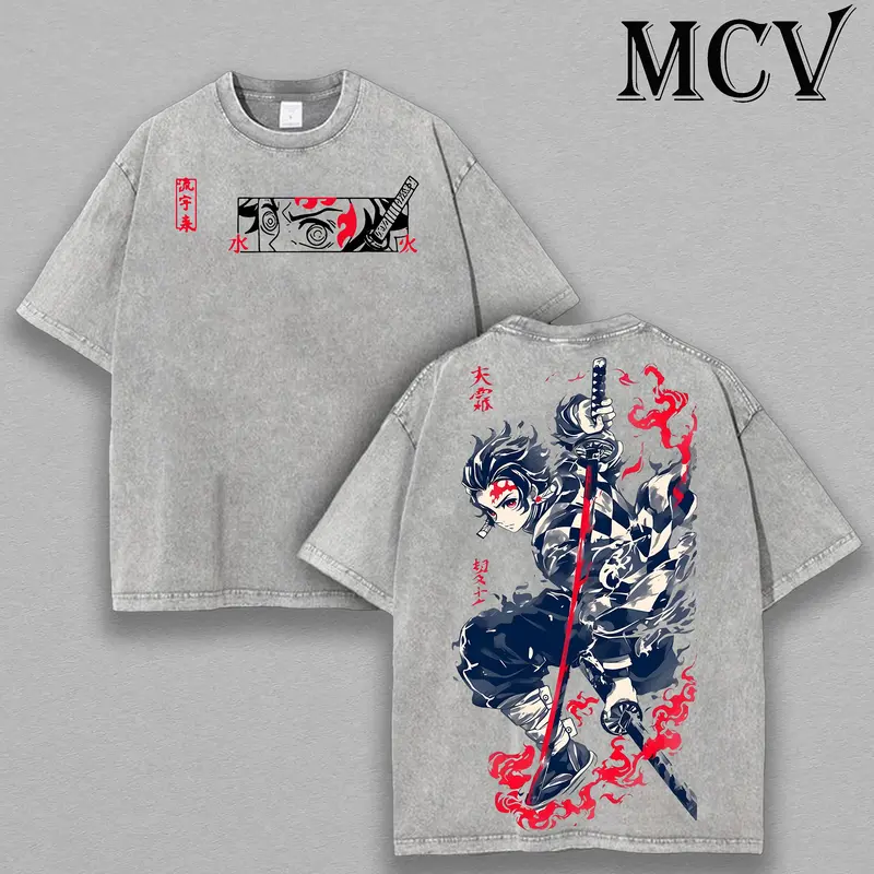 Tanjiro Kamado Water Breathing shirt, Demon Slayer t-shirt, Menswear Anime Double Printed Oversize Lightweight Acid Washed Tee, Gift For Anime Merch
