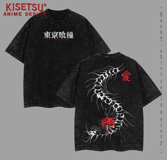 Limited Edition "Centipede" Kaneki Ken - Tokyo Ghoul Anime Double Printed Oversize Lightweight Acid Washed Graphic Tee, Gift For anime lover