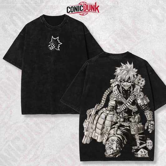 Retro Vintage Limited Bakugo - My Hero Acedemia Anime Double Printed Oversized Washed Tee Unisex Oversize Anime Manga Acid Washed Lightweight Cotton T-Shirt, Hoodies & Sweater Wash Gift For Anime Fan, Anime Lover
