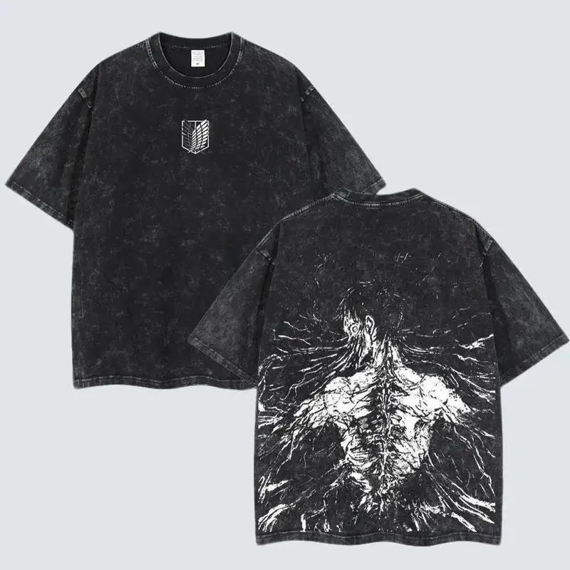 [FS] Retro Vintage Limited The Founding Titan Eren Yeager - Attack On Titan Anime Double Printed Washed Tee Unisex Oversize Anime Manga Acid Washed Lightweight Cotton T-Shirt