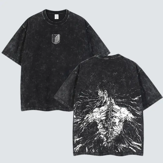 [FS] Retro Vintage Limited The Founding Titan Eren Yeager - Attack On Titan Anime Double Printed Washed Tee Unisex Oversize Anime Manga Acid Washed Lightweight Cotton T-Shirt