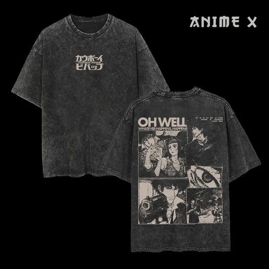 Retro Vintage Cowboy Bebop Anime Double Printed Washed T-shirt Unisex Mineral Anime Manga Washed Heavy Cotton T-shirt, Gift For Anime Fan Lover