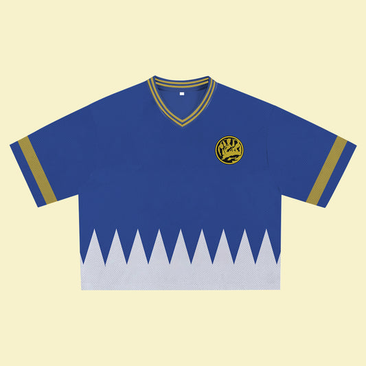Blue Super Hero Jersey – Unique Streetwear Shirt with Bold Graphic, V-Neck Retro Athletic Design, Sports Style Outfits