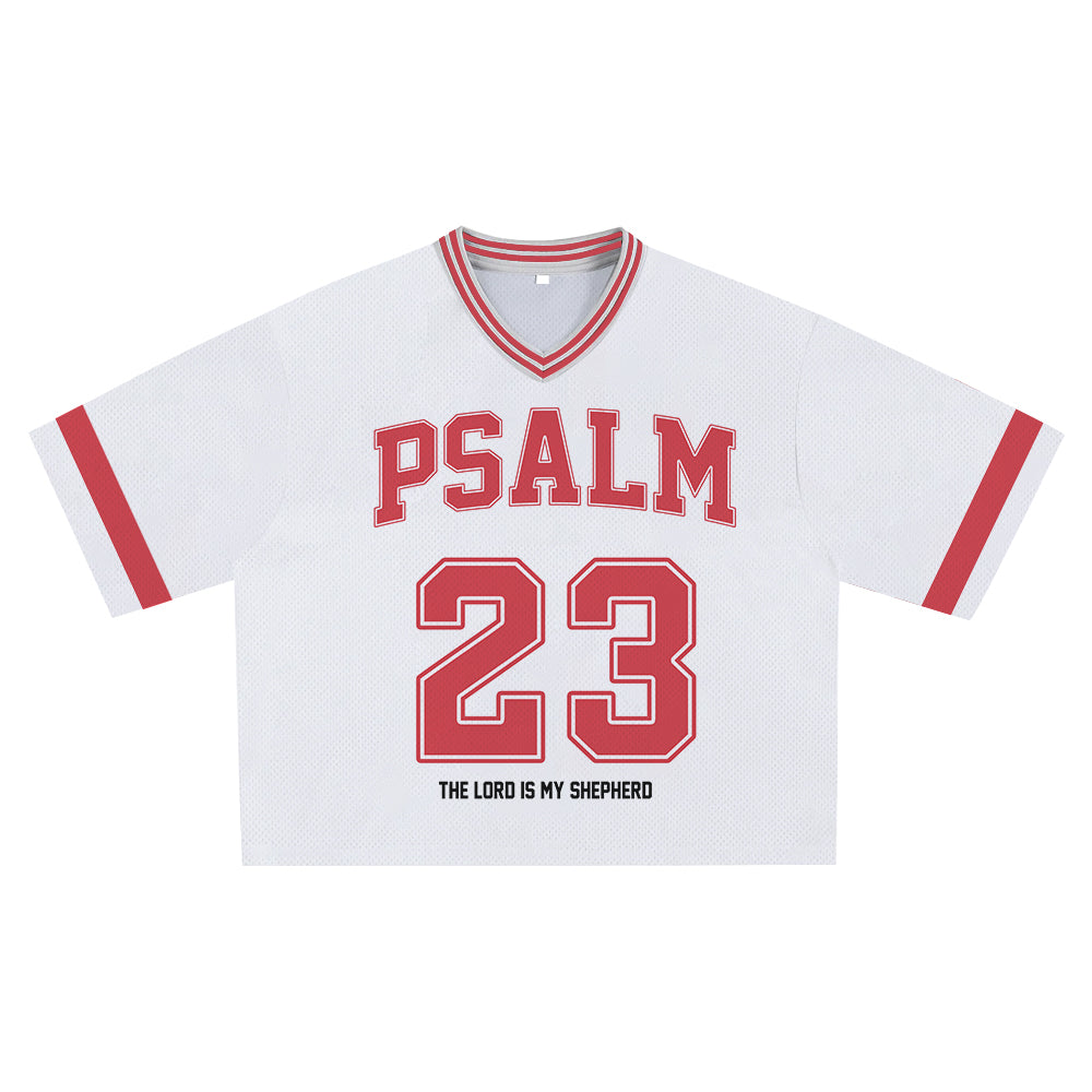 White with Red Psalm 23 Jersey - Soft Comfortable Fabric, Unique Faith Design for Bold Streetwear Style