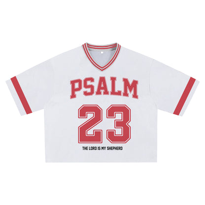 White with Red Psalm 23 Jersey - Soft Comfortable Fabric, Unique Faith Design for Bold Streetwear Style