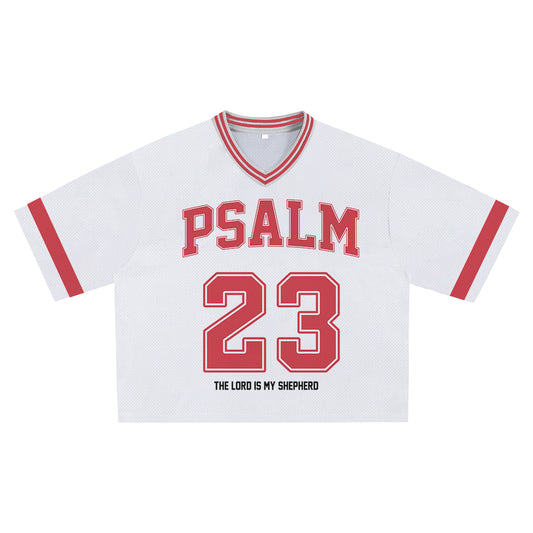 White with Red Psalm 23 Jersey - Soft Comfortable Fabric, Unique Faith Design for Bold Streetwear Style