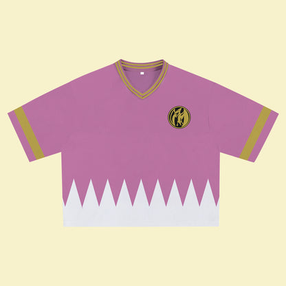 Pink Super Hero Jersey – Unique Streetwear Shirt with Bold Graphic, V-Neck Retro Athletic Design, Sports Style Outfits