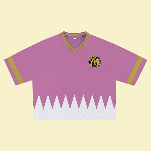 Pink Super Hero Jersey – Unique Streetwear Shirt with Bold Graphic, V-Neck Retro Athletic Design, Sports Style Outfits