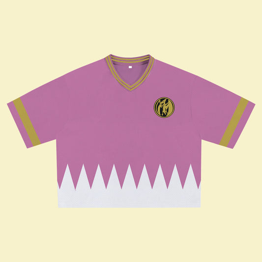 Pink Super Hero Jersey – Unique Streetwear Shirt with Bold Graphic, V-Neck Retro Athletic Design, Sports Style Outfits