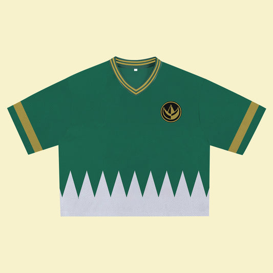 Green Super Hero Jersey – Unique Streetwear Shirt with Bold Graphic, V-Neck Retro Athletic Design, Sports Style Outfits