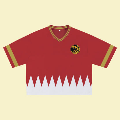 Red Super Hero Jersey – Unique Streetwear Shirt with Bold Graphic, V-Neck Retro Athletic Design, Sports Style Outfits