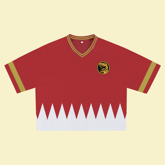 Red Super Hero Jersey – Unique Streetwear Shirt with Bold Graphic, V-Neck Retro Athletic Design, Sports Style Outfits