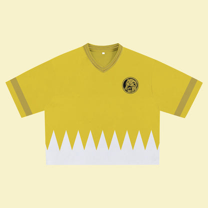 Yellow Super Hero Jersey – Unique Streetwear Shirt with Bold Graphic, V-Neck Retro Athletic Design, Sports Style Outfits