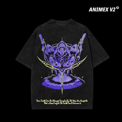 Retro Neon Genesis Evangelion Anime Tee – Vintage Washed Anime T-Shirt, Mecha Manga Merch, Oversized Streetwear, Aesthetic Grunge Style, Heavyweight Cotton, Anime Gift