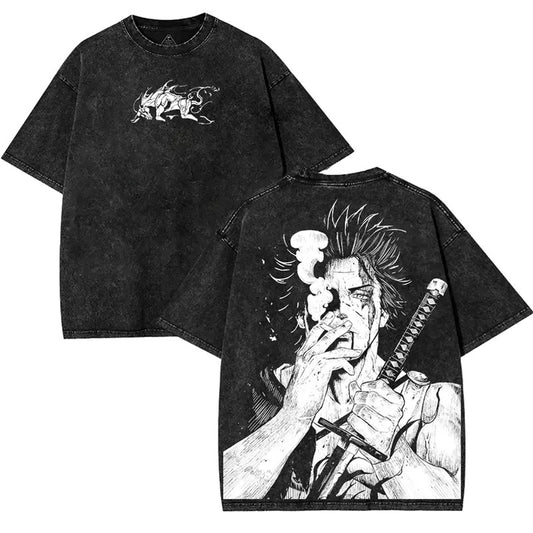 Yami Sukehiro x Black Bulls Black Clover Anime Double Printed Vintage Washed Tee Top Anime graphic Menswear Streetwear manga graphic t-shirts