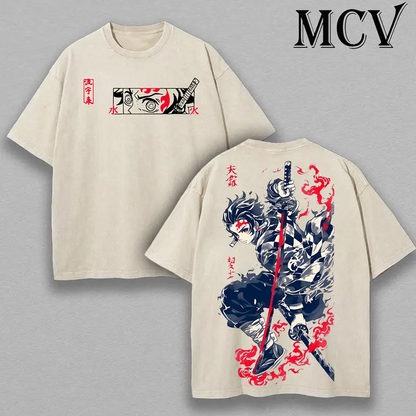 Tanjiro Kamado Water Breathing shirt, Demon Slayer t-shirt, Menswear Anime Double Printed Oversize Lightweight Acid Washed Tee, Gift For Anime Merch