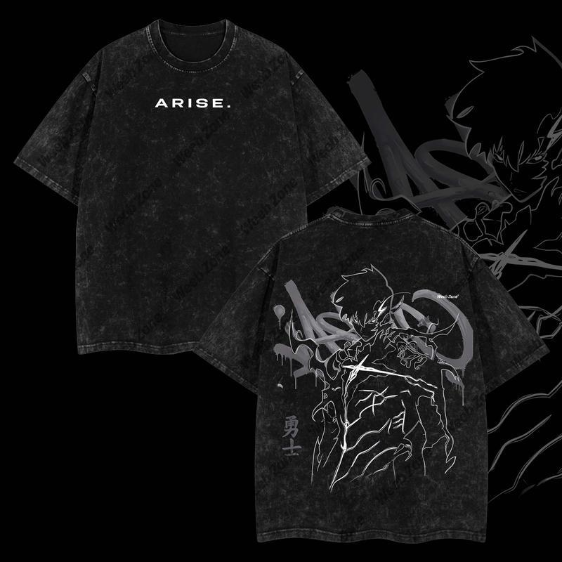 [COLLECTION] 1 "Arise" Sung Jin Woo - Solo Leveling Anime Double Printed Oversize Lightweight Acid Washed Graphic Tee, Gift For Anime Fan