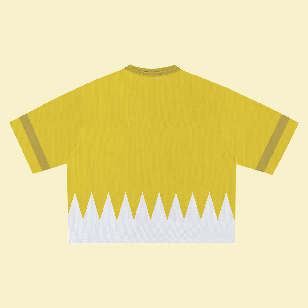 Yellow Super Hero Jersey – Unique Streetwear Shirt with Bold Graphic, V-Neck Retro Athletic Design, Sports Style Outfits