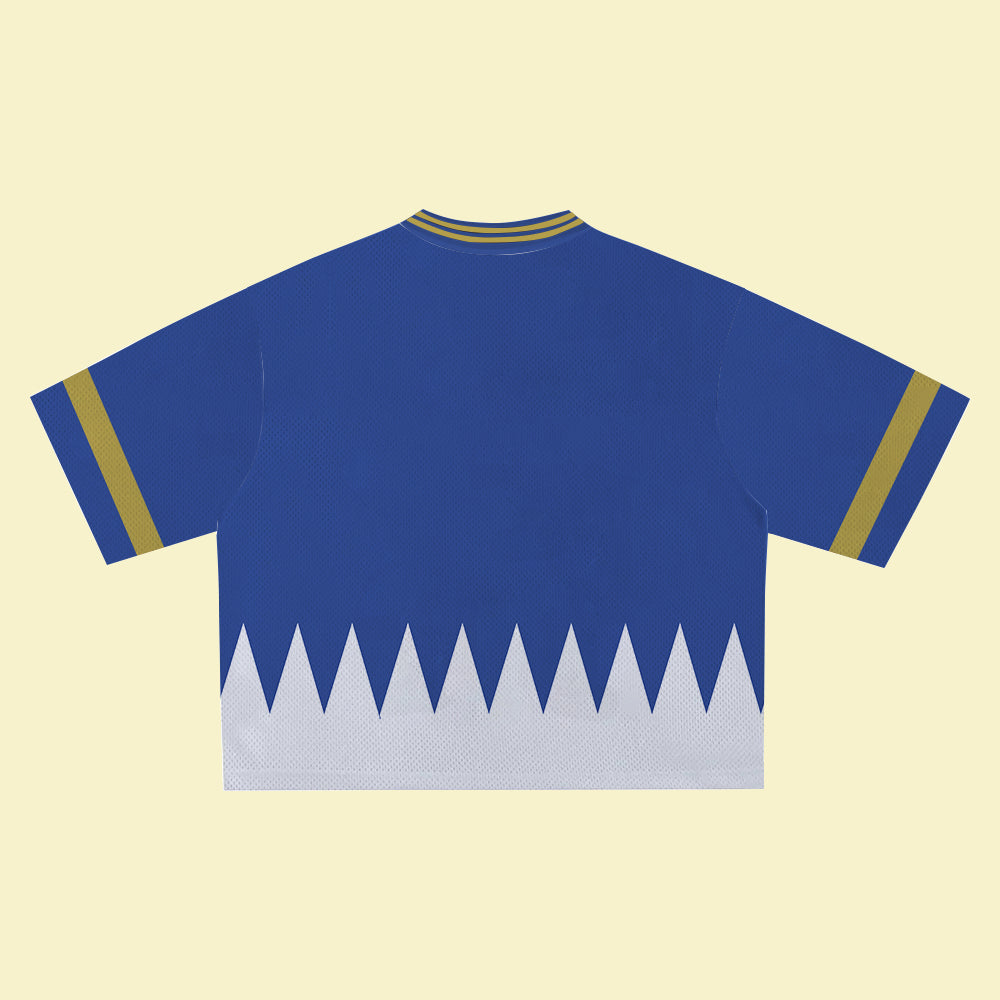 Blue Super Hero Jersey – Unique Streetwear Shirt with Bold Graphic, V-Neck Retro Athletic Design, Sports Style Outfits