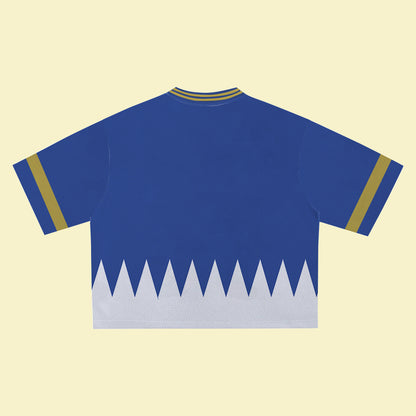 Blue Super Hero Jersey – Unique Streetwear Shirt with Bold Graphic, V-Neck Retro Athletic Design, Sports Style Outfits