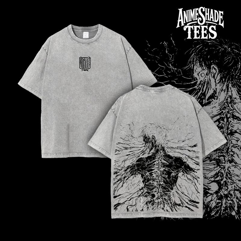 Retro Heavy Eren Yeager Tee – Attack On Titan Double Printed Vintage Washed T-Shirt & Hoodie, Unisex Oversize Cotton, Gift for Anime Fans