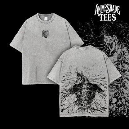 Retro Heavy Eren Yeager Tee – Attack On Titan Double Printed Vintage Washed T-Shirt & Hoodie, Unisex Oversize Cotton, Gift for Anime Fans