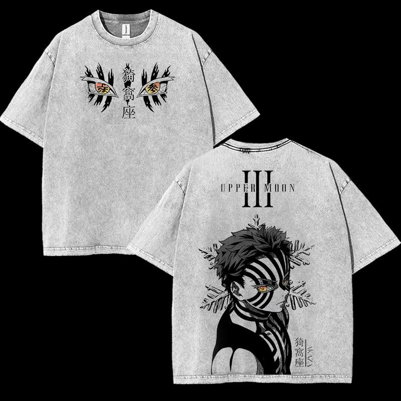 Akaza Upper moon rank 3 v6 Demon Slayer Kimetsu No Yaiba anime manga Washed t-shirt 2 sided printing Menswear graphic tee classic vintage