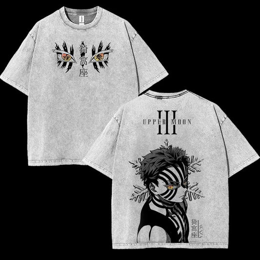 Akaza Upper moon rank 3 v6 Demon Slayer Kimetsu No Yaiba anime manga Washed t-shirt 2 sided printing Menswear graphic tee classic vintage