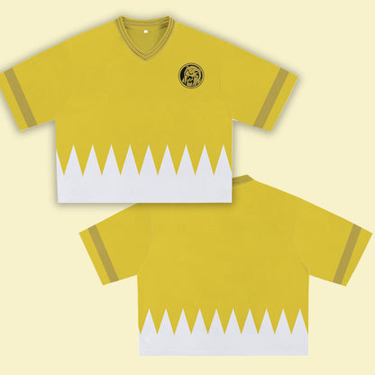 Yellow Super Hero Jersey – Unique Streetwear Shirt with Bold Graphic, V-Neck Retro Athletic Design, Sports Style Outfits