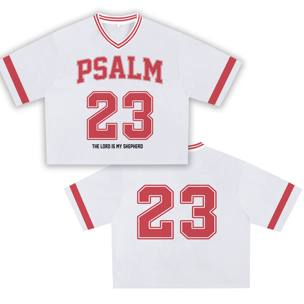White with Red Psalm 23 Jersey - Soft Comfortable Fabric, Unique Faith Design for Bold Streetwear Style