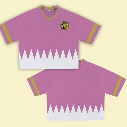 Pink Super Hero Jersey – Unique Streetwear Shirt with Bold Graphic, V-Neck Retro Athletic Design, Sports Style Outfits