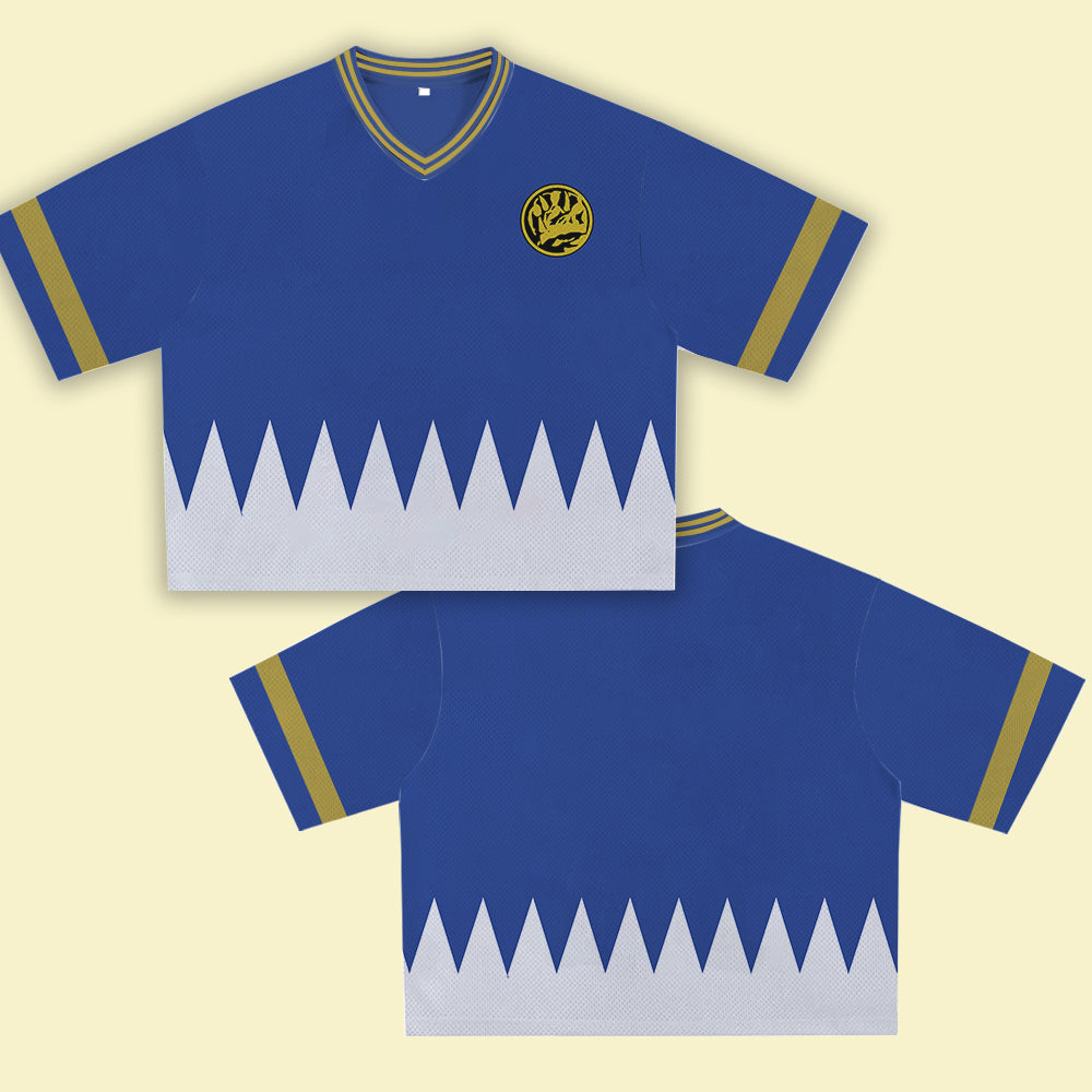Blue Super Hero Jersey – Unique Streetwear Shirt with Bold Graphic, V-Neck Retro Athletic Design, Sports Style Outfits