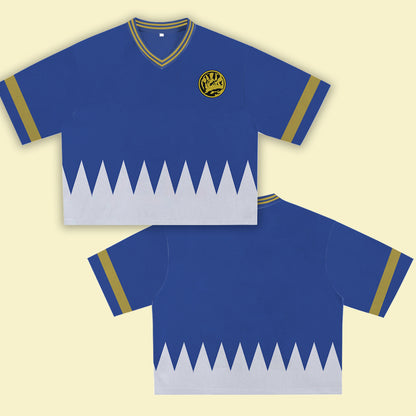 Blue Super Hero Jersey – Unique Streetwear Shirt with Bold Graphic, V-Neck Retro Athletic Design, Sports Style Outfits