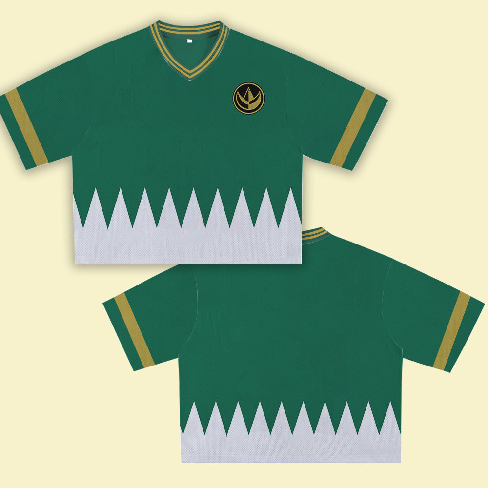Green Super Hero Jersey – Unique Streetwear Shirt with Bold Graphic, V-Neck Retro Athletic Design, Sports Style Outfits