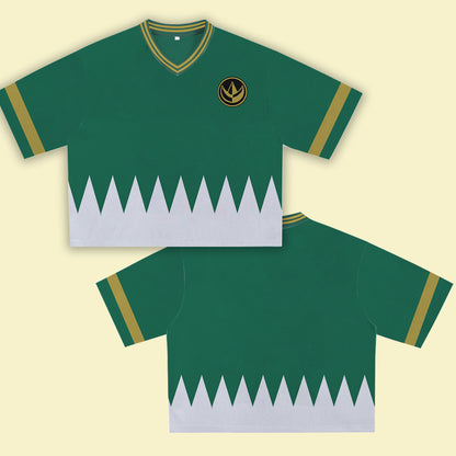 Green Super Hero Jersey – Unique Streetwear Shirt with Bold Graphic, V-Neck Retro Athletic Design, Sports Style Outfits