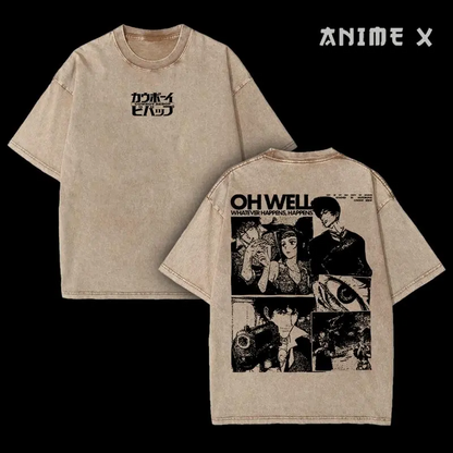 Retro Vintage Cowboy Bebop Anime Double Printed Washed T-shirt Unisex Mineral Anime Manga Washed Heavy Cotton T-shirt, Gift For Anime Fan Lover