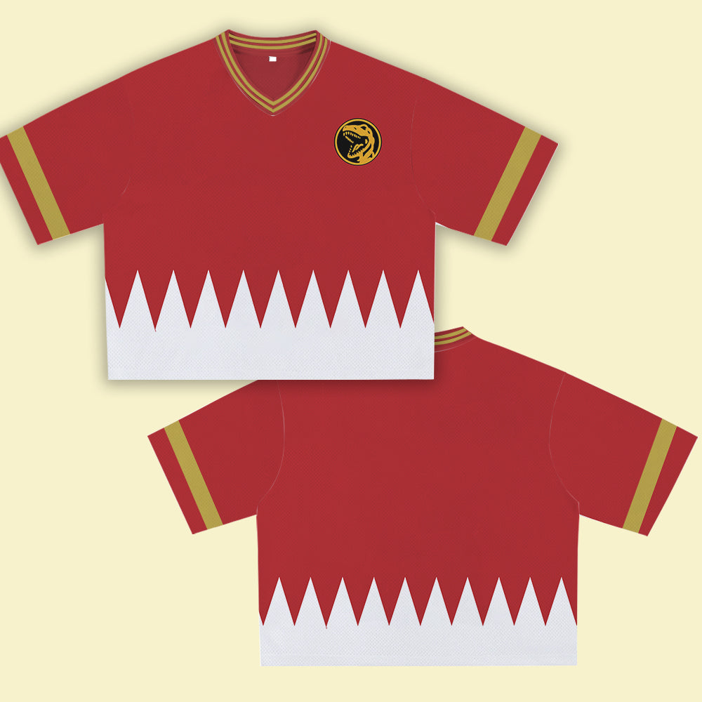 Red Super Hero Jersey – Unique Streetwear Shirt with Bold Graphic, V-Neck Retro Athletic Design, Sports Style Outfits