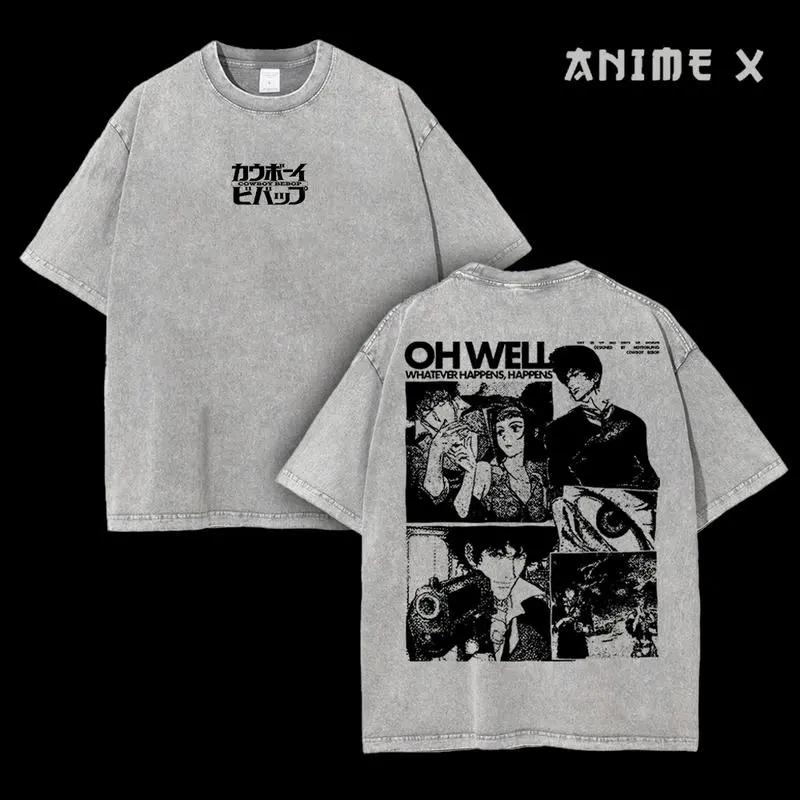Retro Vintage Cowboy Bebop Anime Double Printed Washed T-shirt Unisex Mineral Anime Manga Washed Heavy Cotton T-shirt, Gift For Anime Fan Lover