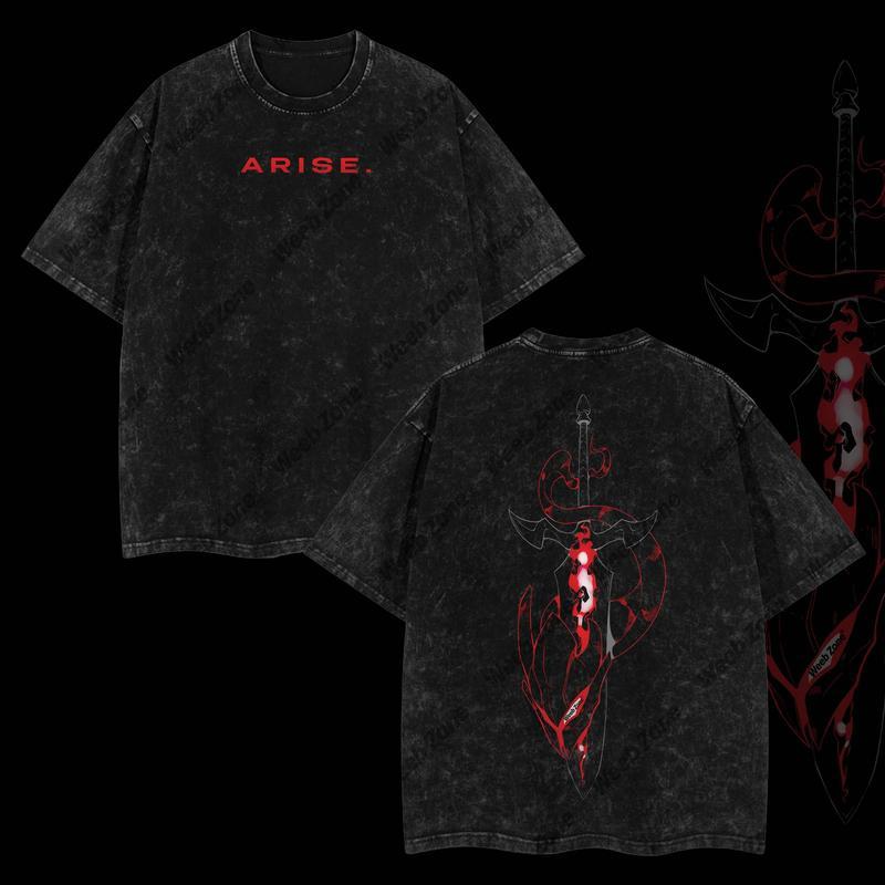 [COLLECTION] 2 "Arise" Sung Jin Woo - Solo Leveling Anime Double Printed Oversize Lightweight Acid Washed Graphic Tee, Gift For Anime Fan