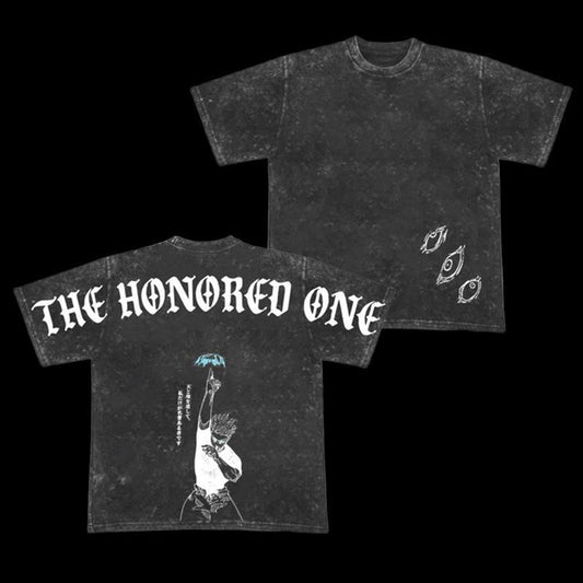 Retro Heavy Gojo Satoru " THE HONORED ONE" Jujutsu Kaisen Anime Double Printed Vintage Oversized Washed Tee Unisex Oversize Anime Manga Washed Heavyweight Cotton T-shirt, Gift For Anime Fan, Anime Lover