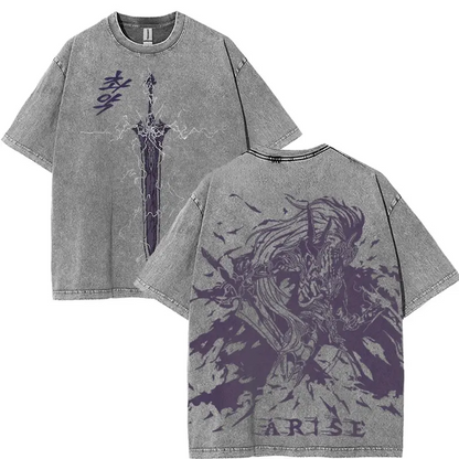 Solo Leveling Sung Jin Woo Commander Igris Blooded Blade v3 Unisex Oversize Anime Manga Washed Cotton T-shirt