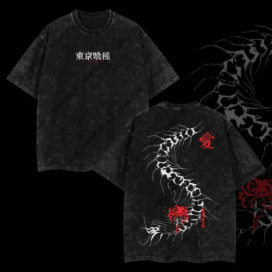 Limited Edition Centipede Kaneki Ken - Tokyo Ghoul Anime Double Printed Oversize Lightweight Acid Washed Graphic Tee, Gift For anime lover