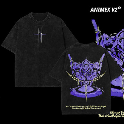 Retro Neon Genesis Evangelion Anime Tee – Vintage Washed Anime T-Shirt, Mecha Manga Merch, Oversized Streetwear, Aesthetic Grunge Style, Heavyweight Cotton, Anime Gift
