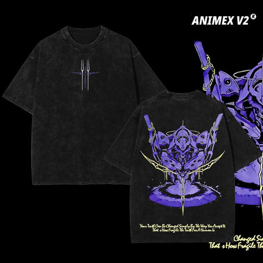Retro Neon Genesis Evangelion Anime Tee – Vintage Washed Anime T-Shirt, Mecha Manga Merch, Oversized Streetwear, Aesthetic Grunge Style, Heavyweight Cotton, Anime Gift