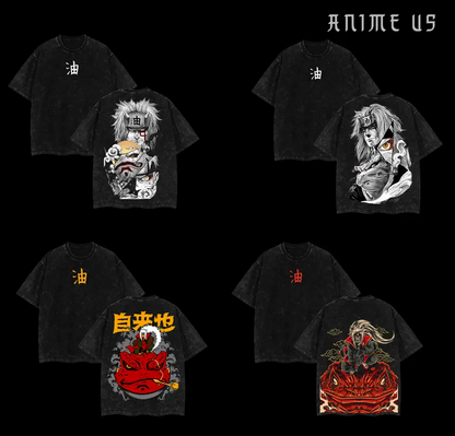 Jiraiya x Naruto Anime Double Printed Vintage Washed Tee Unisex Oversize Anime Manga Washed Heavyweight Cotton T-shirt Naruto Merch Jiraiya Fan